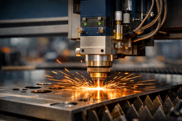 Industrial CNC laser cutting machine processing a metal sheet in an Ahmedabad fabrication unit.